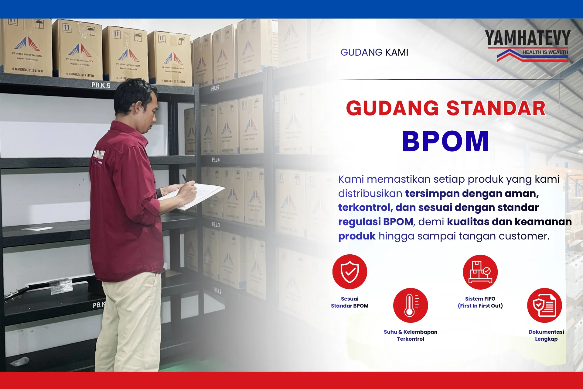 Gudang standar BPOM: rak penyimpanan di atas lantai dengan monitoring suhu 22,4°C dan kelembapan 58%, penyimpanan FEFO, sesuai CDOB & CDAKB